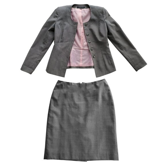 Anne Klein Round Neckline 5 Button Gray Lightweight Wool Blend Skirt Suit Size 2 - Picture 2 of 16
